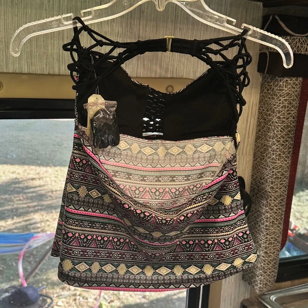 NWT Arizona Jean Co Tankini Top Size M Geometric Pattern Black Gold Pink Teal